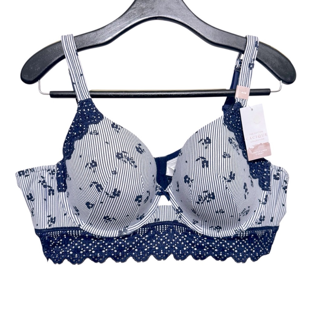Cacique‎ Lightly Lined Balconette Bra 44B Blue:floral Striped Lace Underwire